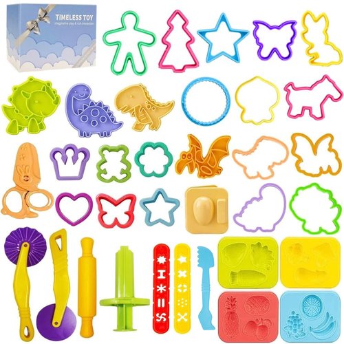 Dough Play Tools for Kids-Dough Accessories Molds Dinosaur Fruit Roller Cutter Scissor and Storage Box, Party Favors Set for Age 2-8