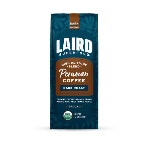 Laird Superfood Peruvian Dark Roast Caffeinated Ground Coffee, Ethically Sourced Premium Ground Coffee, Gluten-Free, Dairy-Free, Non-GMO, Paleo, Keto Friendly, 12 oz. Bag