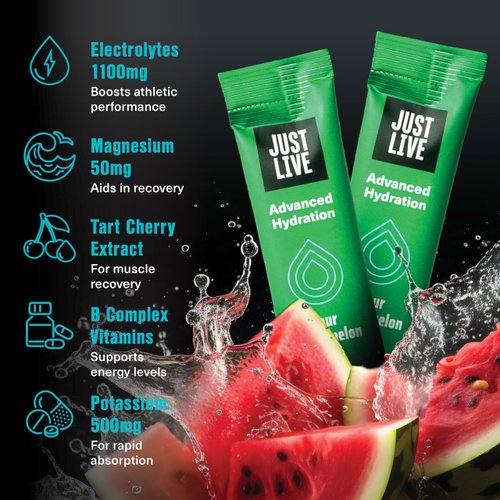 Just Live Advanced Hydration - Sour Watermelon, Electrolyte Drink Mix, Tart Cherry Extract, Supports Recovery & Absorption, Low Sugar, 14 Pack