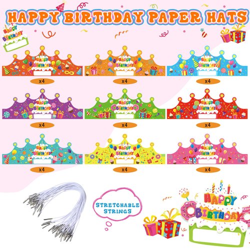 Faccito 36 Pieces Birthday Crowns Bulk - Happy Birthday Paper Caps with Elastic Band for Classroom, Preschool, Kindergarten, Elementary School, VBS Party Supplies