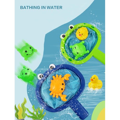 Baby Bath Toys 1 Pcs Frog Animals Fishing Net with 3 Pcs Water Floating Sea Animals Frog Toys, Bathroom Pool Water Floating Accessory Duck Crab Frog Fishing Play Set for Toddlers