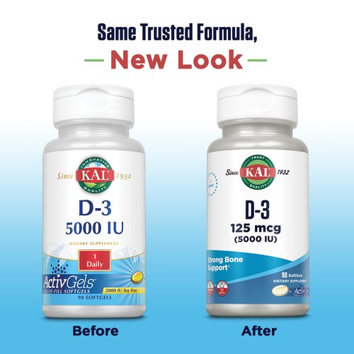 KAL Vitamin D3 5000 IU Softgels (125 mcg), Active Form of Vitamin D, Calcium Absorption, Bone Health, Immune Support Supplement, Liquid Filled ActivGels, Made Without Soy, 90 Servings, 90 Softgels