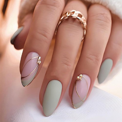 Vopintpy Long Almond Press on Nails Gold Lines Rhinestones Fake Nails with Design Green French Tip Acrylic Glue on Nails Reusable Glossy Stick on Nails for Women DIY Manicure Decoration