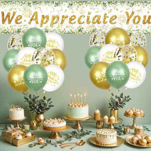 We Appreciate You Decorations Sage Green Appreciate You Banner Yard Sign with 18 Pcs Balloons Thank You for All You Do Banner Employee Staff Gifts Teacher Eucalyptus Leaves Appreciation Party Decor