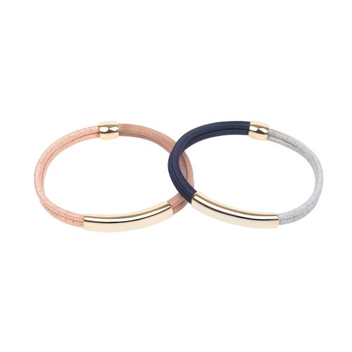 Stylish Hair Two color Tie Holder Bracelets with Metal for Women Made in Korea (2pcs), Elastic Band Bracelet for Woman, Hair tie accessory bracelet for Girls Braids Ponytails (Pink,Navy)