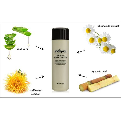 Raya Glycolic Mud Facial Cleanser with AHA 8 oz (G-103) | Exfoliating pH Balanced Facial Cleansing Fluid for Non Sensitive, Dry and Combination Skin | Made with Alpha Hydroxy Acid and Volcanic Mud
