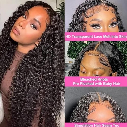 GMNSTAR 13x6 Deep Wave Lace Front Wigs Human Hair Pre Plucked 20 Inch HD Transparent Lace Frontal Curly Wigs Human Hair 200 Density Glueless Deep Curly Human Hair Wigs For Women Natural Black