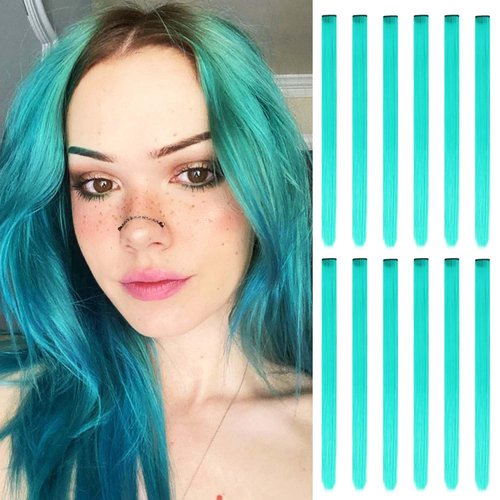 12 Pcs Colored Hair Extensions,22 inch Colored Highlights Clip in Hairpieces Rainbow Hair Extensions Colorful Party Straight Synthetic Hair Piece for Women Girls Gift (Teal)