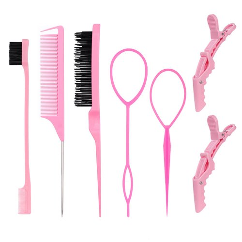 7pcs Hair Styling Comb Set, Includes Hair Teasing Brush Rat Tail Comb Double-Sided Edge Brush Hair Clips for Women Girls Combing Styling Hair (Pink)