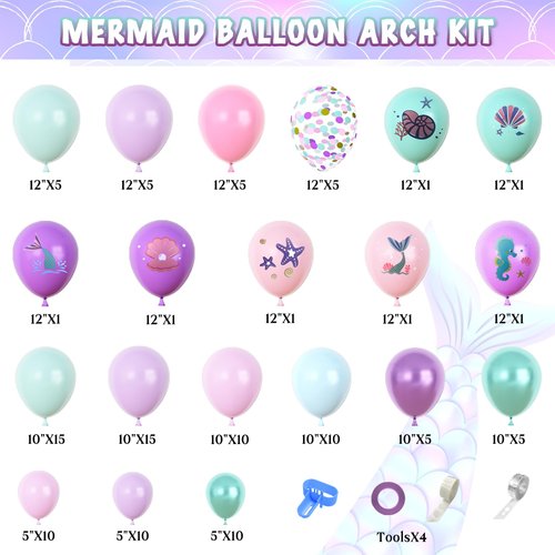 Amandir 138Pcs Mermaid Birthday Party Decorations, Pink Purple Blue Mermaid Balloon Garland Arch Kit Birthday Banner Cake Topper Mermaid Tail Shell Balloons Mermaid Theme Party Supplies for Girl Kids