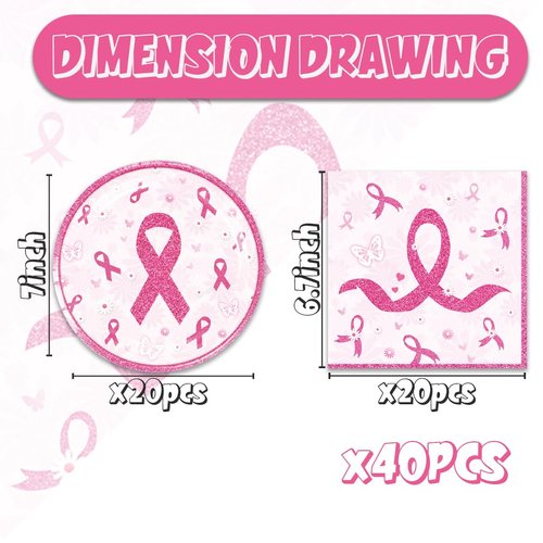 48Pcs Breast Cancer Party Supplies 24 Plates + 24 Napkin Breast Cancer Birthday Party Decorations (breast cancer)