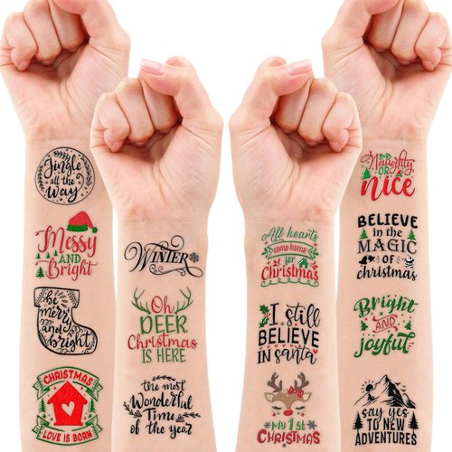 100PCS Christmas Inspirational Cute Temporary Tattoos Christmas Bless Saying, Christmas Words Inspired Holiday Letter Greeting Themed Stickers for Adults Kids Xmas Decoration Birthday Party
