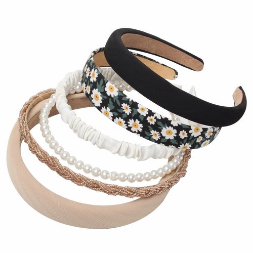zanvia 6pcs Mixed Designs Headband Set Pearl Daisy Pattern Sweet Hair Band Twist Beaded Head Hoop Padded Solid Color Headdress Simple Style Hair Accessories For Women Girls Gift