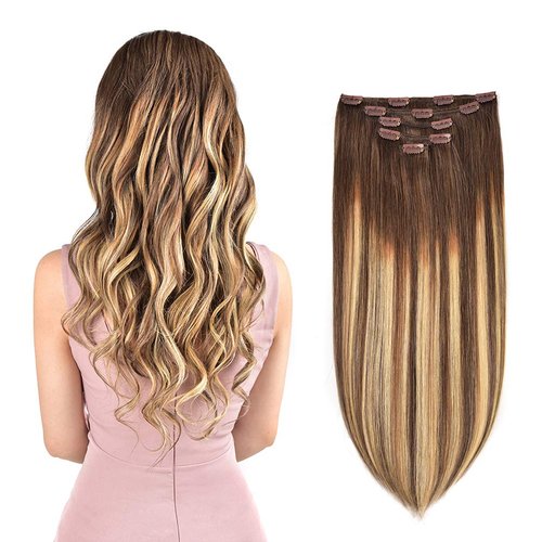 5 Pieces 20&quot; Remy Clip in Hair Extensions Human Hair Light Brown to Dirty Blonde Highlight Brown ...