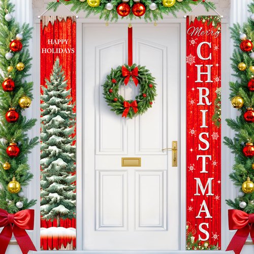 Merry Christmas Door Banner Decorations Christmas Tree Porch Sign Red Green Vintage Christmas Hanging Banner for Holiday Xmas Front Door Indoor Outdoor Yard Wall Garage Door Decor Party Supplies
