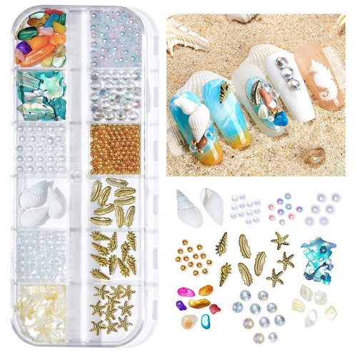 2 Boxes Summer Beach Nail Art Rhinestones Accessories Ocean Theme Shell Starfish Conch Nail Studs Sea Series Nail Art Rivets Charms Supplies for Nail Art Designs DIY Manicure Decoration（1-2）