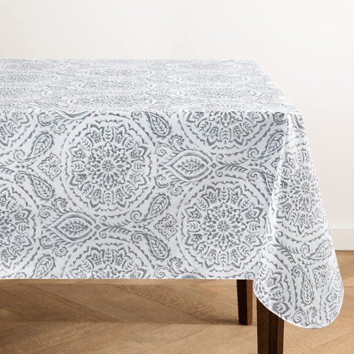 Elrene Home Fashions Savannah Boho Paisley Water- and Stain-Resistant Vinyl Tablecloth with Flannel Backing, 60 Inches X 102 Inches, Rectangle, Gray