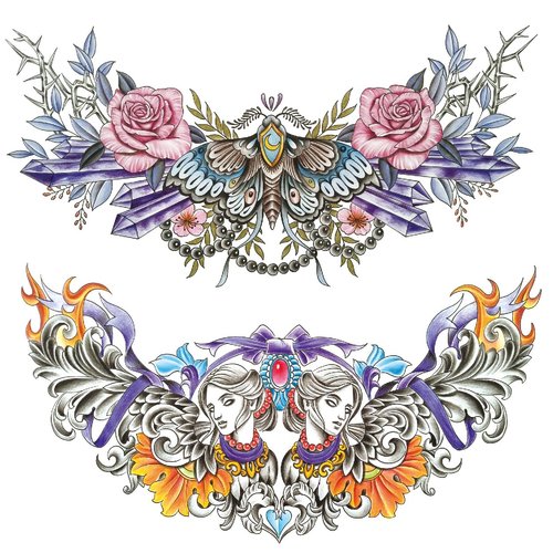 Oottati 2 Sheets Chest Waterproof Big Temporary Tattoos Colorful Butterfly Flower Bow Tie Women Diamond Necklace
