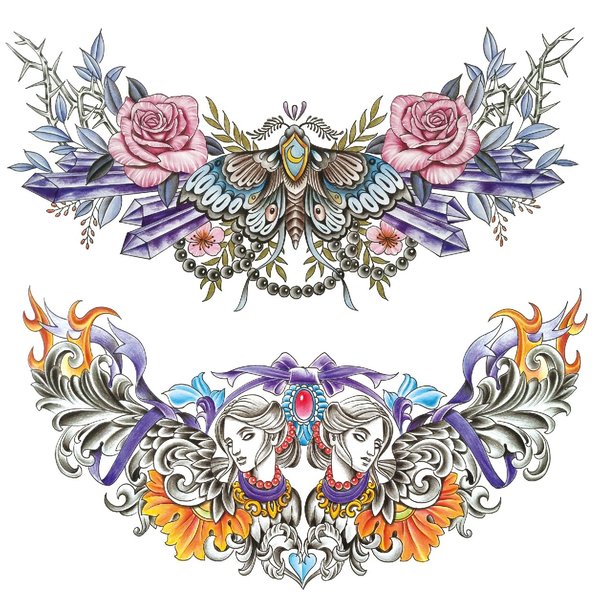 Oottati 2 Sheets Chest Waterproof Big Temporary Tattoos Colorful Butterfly Flower Bow Tie Women Diamond Necklace