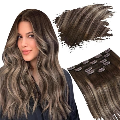 Ugeat Clip in Hair Extensions Human Hair Balayage Dark Brown Ombre Ash Brown Hair Extensions Real Human Hair Clip ins 16 Inch 7pcs 120g(105g Hair+15g Clips)