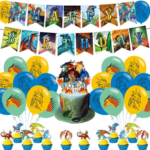 Wings of Fire Birthday Party Decoration, Wings of Fire Include Dragon Game Theme Birthday Banner, Cake Topper, Latex Balloons for Fans Birthday Party Supplies