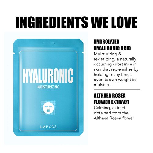 LAPCOS Hyaluronic Acid Sheet Mask, Daily Hydrating Face Mask, Protects & Nourishes Skin, Korean Beauty Favorite, 5-Pack