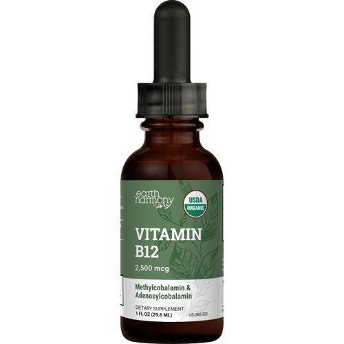Earth Harmony Naturals Organic Vegan Vitamin B12 Sublingual Liquid Supplement - 2000mcg Methylcobalamin Drops for Natural Energy, Metabolism Health and Immune System Support - 1 Fl Oz