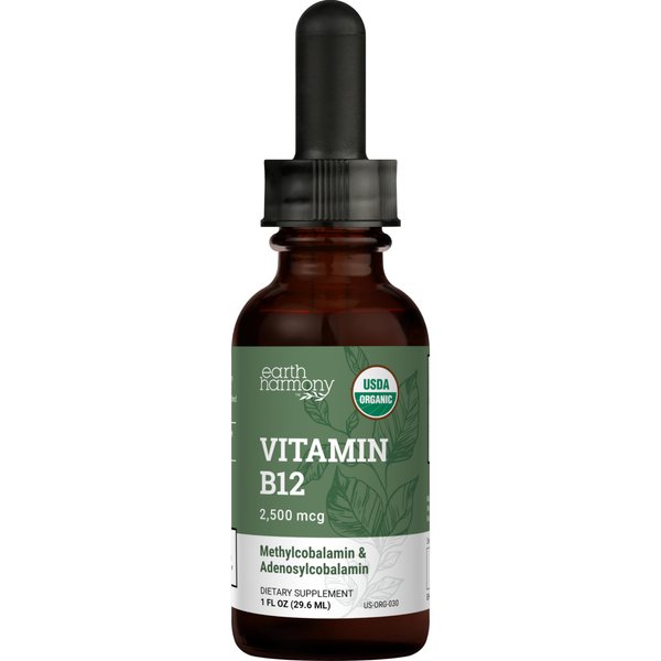 Earth Harmony Naturals Organic Vegan Vitamin B12 Sublingual Liquid Supplement - 2000mcg Methylcobalamin Drops for Natural Energy, Metabolism Health and Immune System Support - 1 Fl Oz