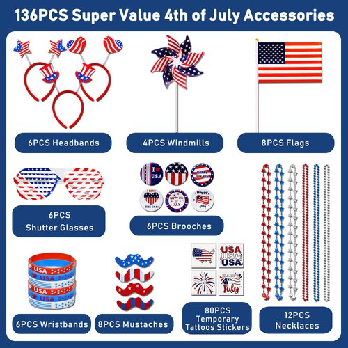 DysanVica 136PCS 4th of July Accessories - Patriotic Party Favors Fourth of July Decoration Supplies Headband Shutter Glasses Tattoo Sticker Necklace Flag American Memorial Independence Day USA Themed