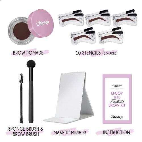 Cilrofelr Eyebrow Stamp Stencil Kit, Eyebrow Stamp and Shaping Kit, Brow Trio Eyebrow Pomade Kit, One Step Brow Stamp Kit with 10 Brow Stencils, Waterproof, Long-Lasting Eyebrow Makeup, Medium Brown
