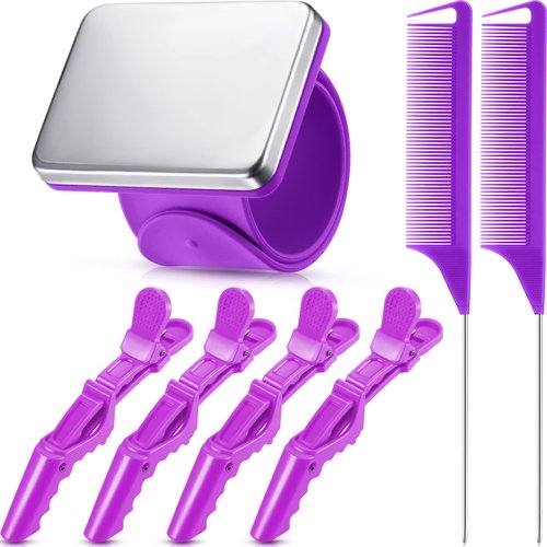 7 Pieces Hair Braiding Tools Magnetic Pin Wristband and 2 Pieces Stainless Steel Pintail Rat Tail Comb with 4 Pieces Wide Teeth Alligator Sectioning Hair Clip for Hair Braid Tool Braid Maker (Purple)