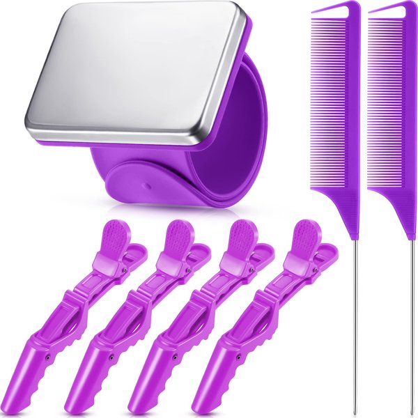 7 Pieces Hair Braiding Tools Magnetic Pin Wristband and 2 Pieces Stainless Steel Pintail Rat Tail Comb with 4 Pieces Wide Teeth Alligator Sectioning Hair Clip for Hair Braid Tool Braid Maker (Purple)