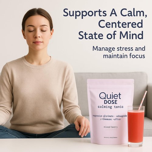 Quiet Dose Calming Tonic, Quiet Dose Drink with Magnesium Glycinate, Ashwagandha, L-Theanine, Affron for Relax & Focus, Non GMO, Vegan, On The Go, 15-Sticks Pack (Mixed Berry)