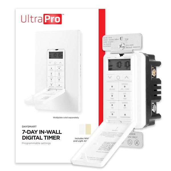 UltraPro Daysmart 7-Day Digital In-Wall Timer, Presets/Countdown Timer, Programmable Settings, Override, Sunrise/Sunset, Light Timer for Indoor Lighting, Porch, Seasonal, LED, Timer Switch, 40954