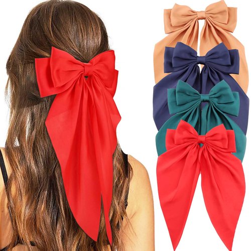 Olbye Hair Bows for Women Silky Satin Hair Ribbon Long Tail Bow Hair Clips Big Coquette Bows Black Hair Bow White Hair Ribbons Bows Hair Accessories for Women and Girls 4Pcs (Hair Bows D)