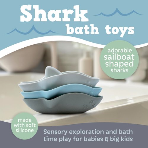 Sailing Sharks Bath Toy - 6 Piece Set - Fun Baby Bath Toys for 10-12 Months - Toddlers 1-3 Years - Kids 4-6 Years - Mold Free Silicone - Sailboat Shape for Child Learning & Development
