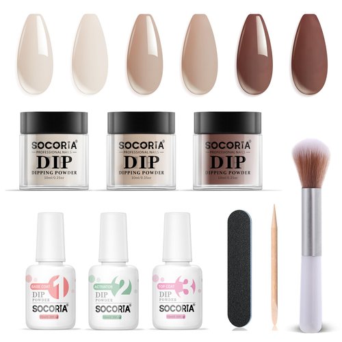 SOCORIA 9Pcs Dip Powder Nail Kit, Elegant Skin Tone White Milky Tea Colors and Dipping Powder Liquid Set with Base/Top Coat and Activator for French Nail Art Manicure DIY Salon