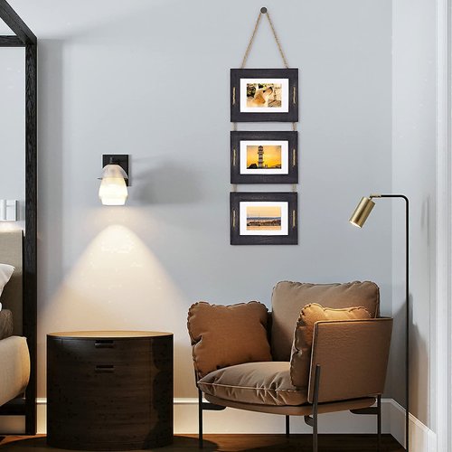 DLQuarts 5x7 Hanging Picture Frames Collage Wall Decor, 3-Opening Photo Frames 5x7 Without Mat & 3.5x5 with Mat, Rustic Wood 3-Frame, Weathered Black