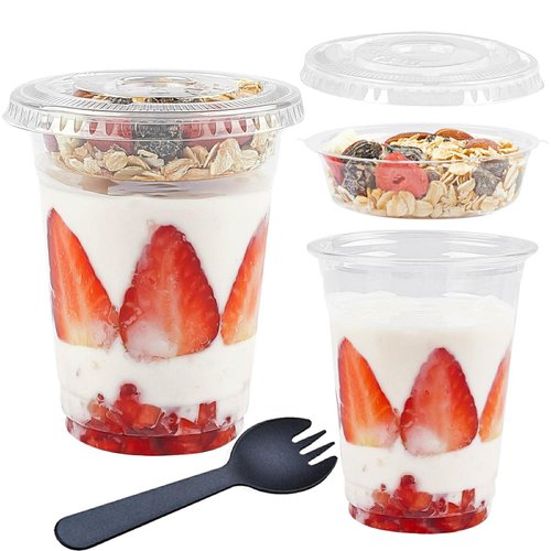 Zezzxu 12 oz Plastic Yogurt Parfait Cups with Flat Lids Inserts and Sporks, 50 Pack Disposable Parfait Conatiners On the Go for Fruit Cereal Oatmeal Dips and Veggies