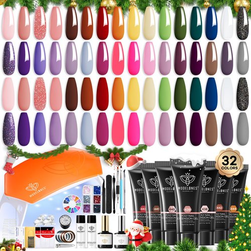 Modelones 133pcs Poly Extension Gel Nail Kit, 32 Colors All Seasons Poly Nail Gel kit with Nail Lamp Slip Solution Builder Nail kits Manicure Tools Nail Forms for Starter Nail Art for Women