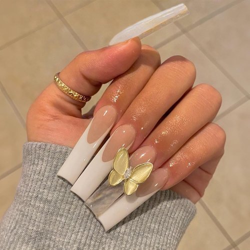 Xxxl Extra Long Press on Nails Square False Nails Tube Shape French Tip Acrylic Nails with Rhinestones and 3D Butterfly Designs Glue on Nails Fake Nails Press Ons for Women 24pcs