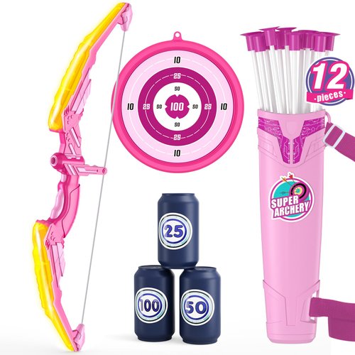 HYES Bow and Arrow for Kids, LED Light Up Archery Set with 12 Suction Cup Arrows, 1 Hanging Target, 3 Score Targets & 1 Quiver, Indoor Outdoor Sport Gifts for Boys Girls Ages 4-12, Yellow