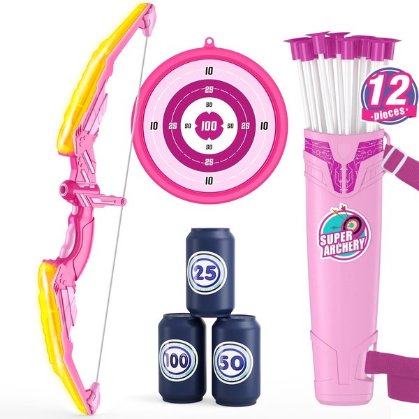 HYES Bow and Arrow for Kids, LED Light Up Archery Set with 12 Suction Cup Arrows, 1 Hanging Target, 3 Score Targets & 1 Quiver, Indoor Outdoor Sport Gifts for Boys Girls Ages 4-12, Yellow
