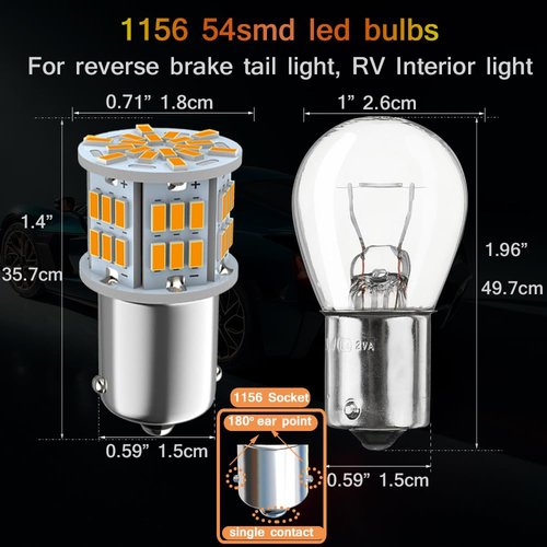 Melphan-Auto 1156 Bulb Reverse Light, Led 1141 1003 7506 BA15S Bulbs, 12V-24V 54SMD Used for Truck Car Backup Reverse Lights, Tail Parking Lights,Camper Trailer RV Interior Light, 2pcs Amber
