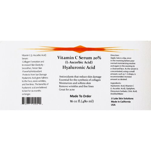 Vitamin C Skin Serum 20% (L-Ascorbic Acid) with Pure Hyaluronic Acid Anti Aging Serum (16oz)