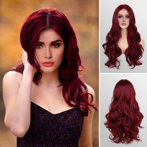 Onpep Simulated Lace Scalp Wigs Wine Red Long Wavy Natural Hairline Wig Glueless Heat Resistant S...