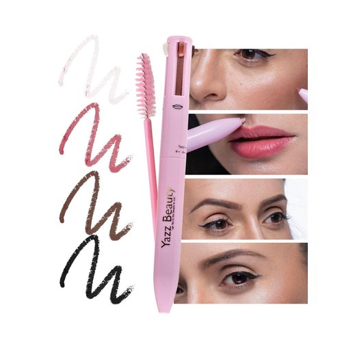 YazzBeauty 4-in-1 Touch-Up Makeup Pen (Berry) - Medium Brown Eyebrow Pencil, a Berry Lip Liner, a Black Eyeliner, and a White Shimmer Highlighter – Ideal for Travel