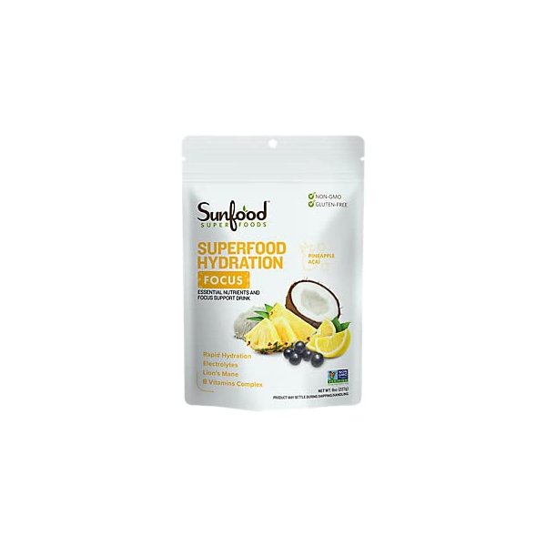 Sunfood Superfoods Hydration Electrolyte Powder Drink Mix | 8 oz. Bag, 20 Servings | Coconut Water, Pink Himalayan Salt, Lemon & Pineapple Juice Mix | Lion's Mane & B-Vitamin Complex
