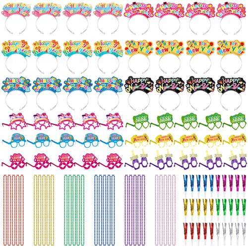 Wavyknot 120 Pcs 2025 New Years Eve Party Supplies 30 Headband 30 Eyeglasses 30 Necklaces and 30 Noise Makers for Party Favor(Stylish)