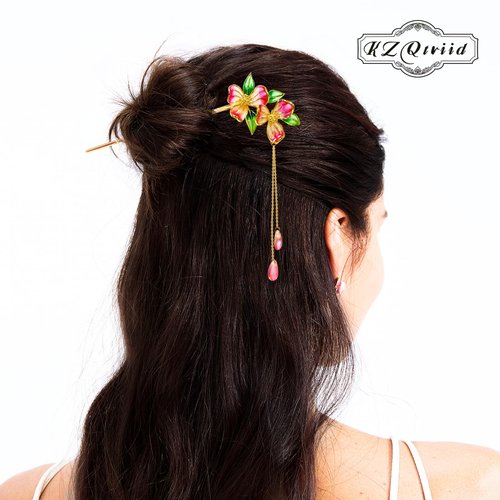 KZQtriid Hair Accessories 14k Gold Plated Copper Vintage Handcrafted Colour Enamels Peach Blossom Tassels Hair Stick ，Hair Clip. 7.08" Hair Chopsticks For Women.